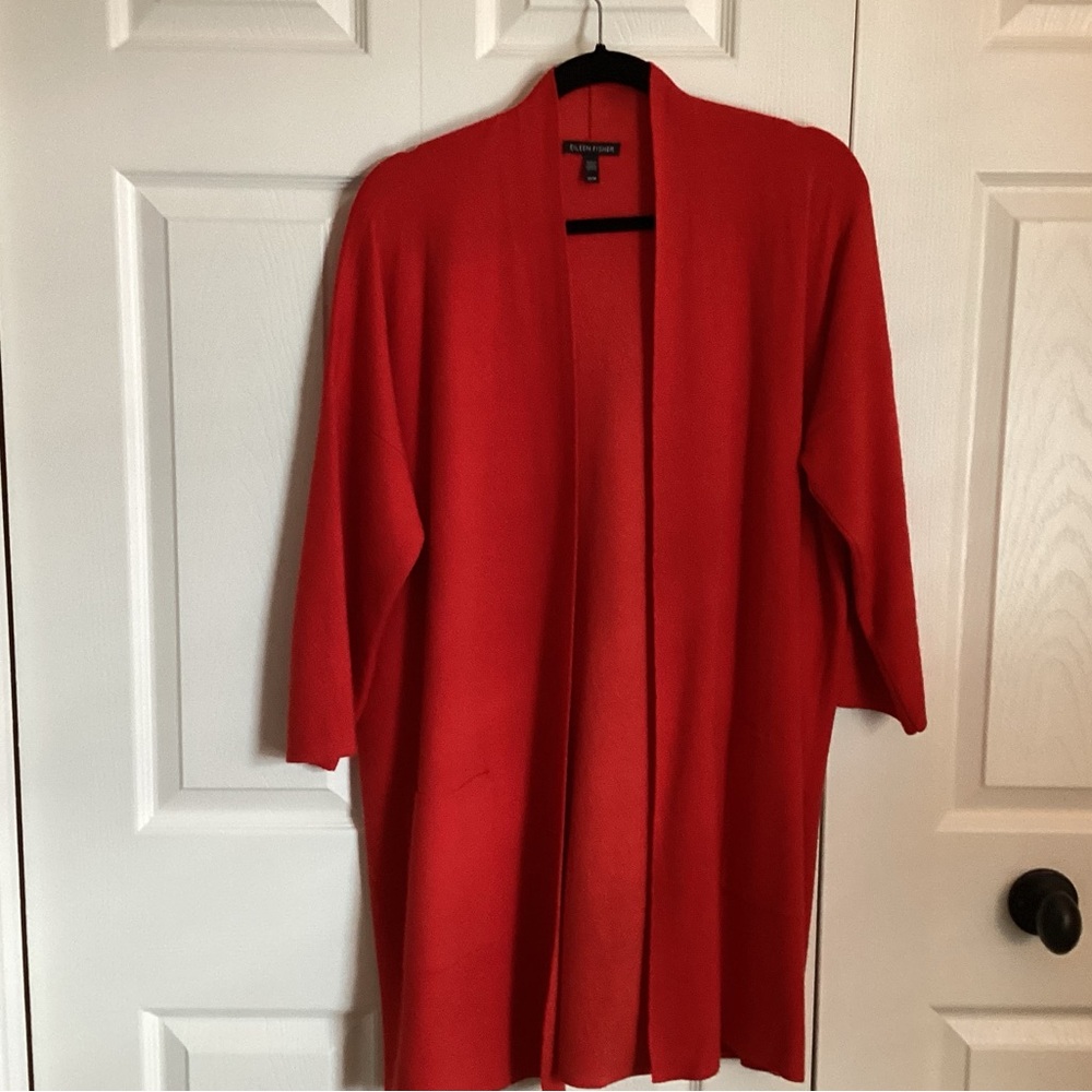 Eileen Fisher Red Orange Open Front Cardigan